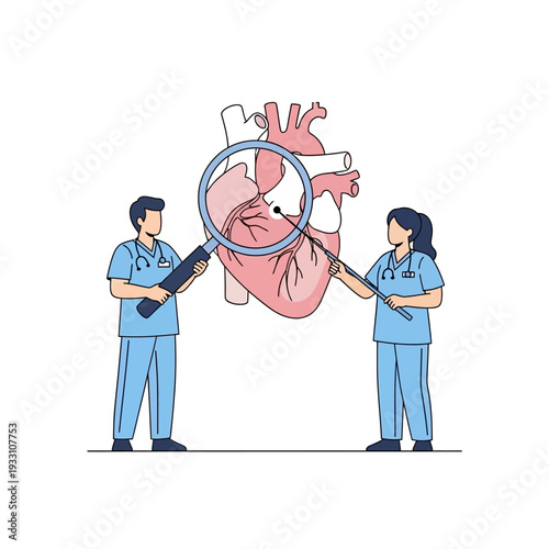 Medical Professionals Examining Heart with Magnifying Glass, Cardiology Concept