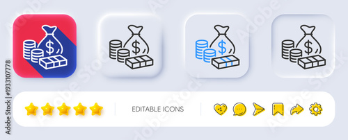 Money line icon. Neumorphic, Flat shadow, 3d buttons. Banknotes with coins sign. Dollar cash symbol. Line money icon. Social media icons. Vector