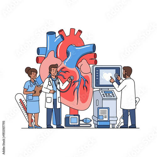 Medical Team Examining Giant Heart Model with Ultrasound Machine and Equipment