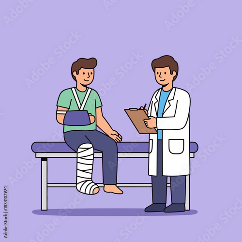 Patient with broken arm and leg in cast consulting doctor at clinic
