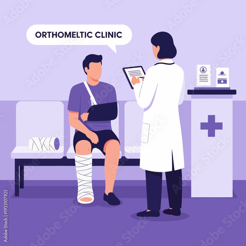Orthomeltic Clinic: Injured Patient with Casts Consults Doctor