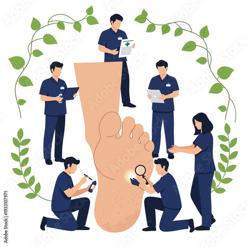 Podiatry Team Examines Foot Health with Magnifying Glass and Tools