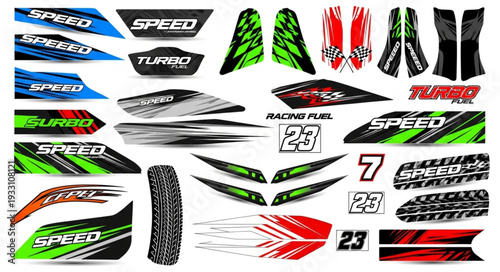Motorcycle Decal Graphics Set - Speed, Turbo, and Racing Designs.