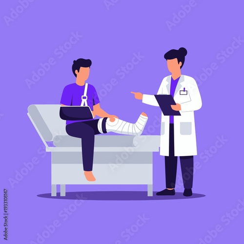 Doctor Consults Patient With Broken Leg and Arm Cast on Hospital Bed