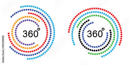 360-degree panoramic view icon, virtual reality concept, linear stroke vector graphic element in four color schemes, modern design with vibrant circular line accents. vector illustration