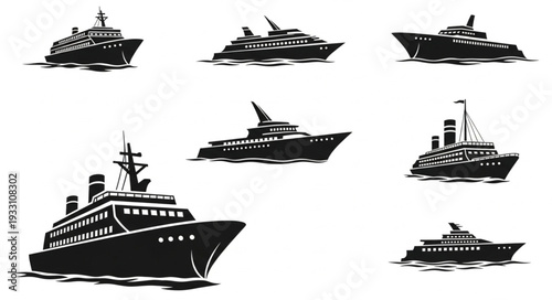 Collection of various black and white illustrations of different cruise ships sailing on the water.