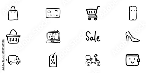 E-Commerce And Shopping Line Icon Set In Doodle Style. Online Retail, Payment, And Delivery Outline Sketch Collection. Digital Marketplace And Consumer Goods. Hand Drawn Isolated Vector Illustration