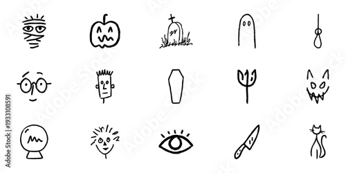 Halloween Doodle Icon Set In Line Art Style. Spooky Symbols Including Mummy, Pumpkin, Tombstone, Ghost, Noose, And More. Hand Drawn Isolated Vector Illustration