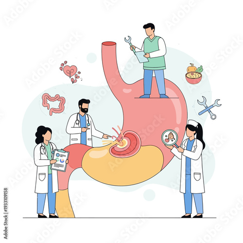 Medical Team Examining Stomach Anatomy, Gastric Health Concept