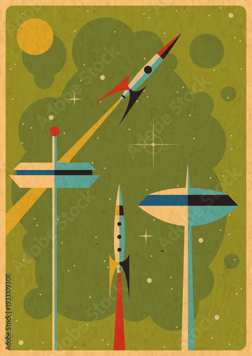 1950s Poster Vector Template. Mid Century Modern Style Illustration, 50s Template for Retro Party, Event Poster, Atomic Age Style, Space Age Design, Abstract Shapes, 1950s Colors, Aged Paper Texture