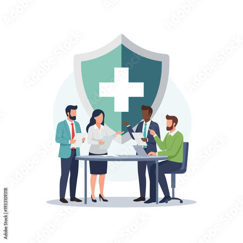 Team Discussing Health Insurance Policy Under a Shield with Cross Symbol