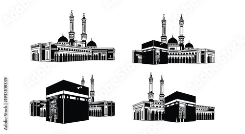 Detailed black and white illustrations of the kaaba and holy mosque