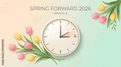 Minimal Daylight Saving Concept with Sleek Clock and Elegant Tulips