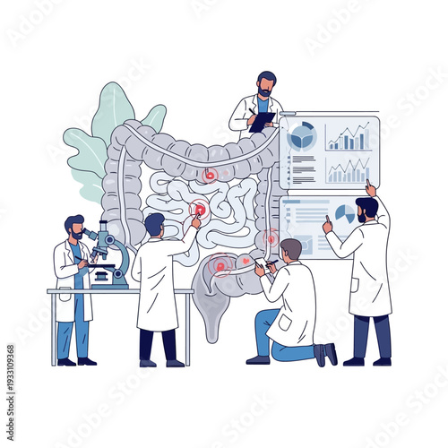 Medical researchers examine a large intestine model, analyzing data on screens.
