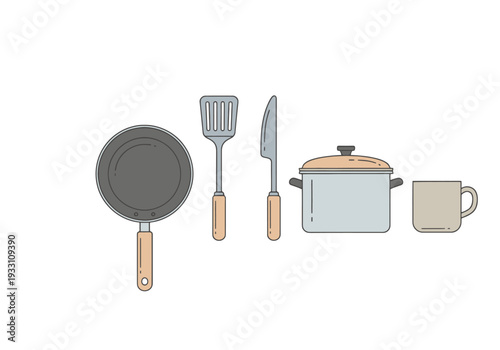 Essential Kitchen Utensils Set Including Frying Pan Spatula Knife Pot and Mug For Cooking and Food Preparation