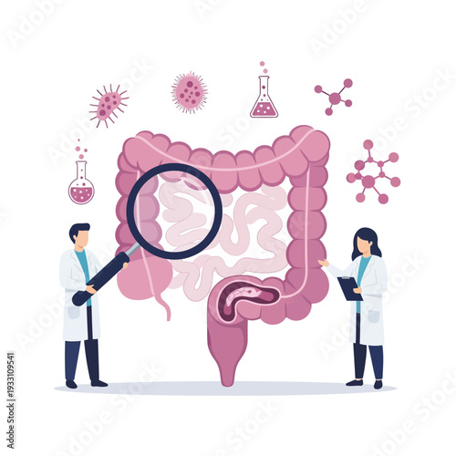 Gastroenterology Research: Doctors Examine Intestines with Magnifying Glass, Studying Gut Microbiome