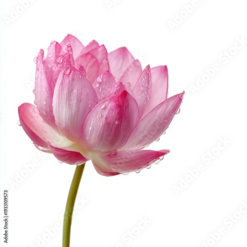 Beautiful pink lotus flower with dew drops on petals captured in natural light against a white background