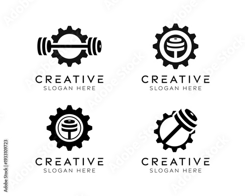 Set of fitness gear logo design templates. Modern isolated gear and dumbbell design for gym, manufacturing, and personal development.