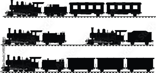 Collection of steam locomotive silhouettes with passenger, boxcar, and freight train configurations, showcasing historical rail transport compositions for educational, design, and artistic use