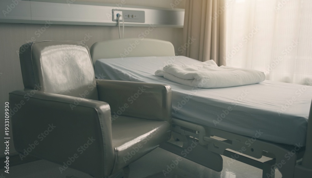 Fototapeta premium Hospital room interior with adjustable bed and armchair next to the window with curtains