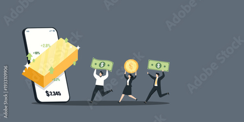 People carrying money and running toward a smartphone screen showing a glowing gold bar with upward percentage arrows and a price tag, representing digital gold investment.