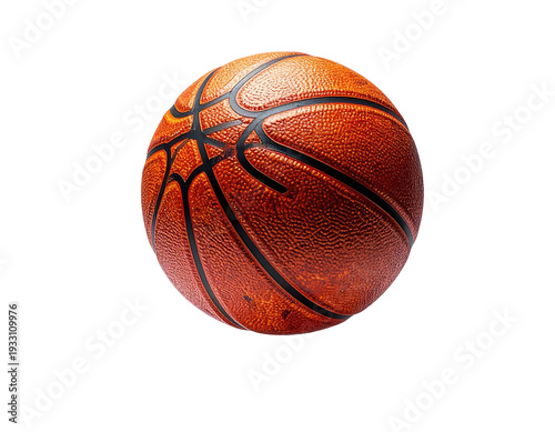 A textured, classic orange basketball with distinct black lines against a black background