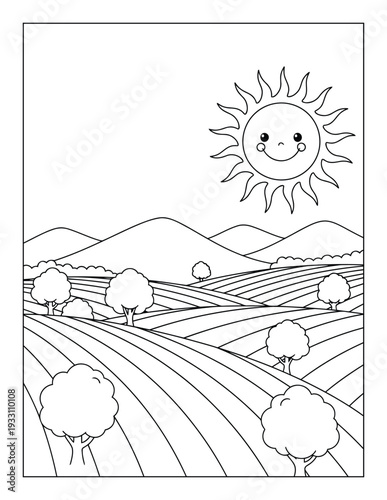 Landscape coloring page with rolling fields and smiling sun