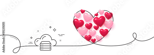 Cloud computing server line icon. Continuous line big heart. Internet data storage sign. File hosting technology symbol. 3d hearts in heart shaped loop. Cloud server single line ribbon. Vector