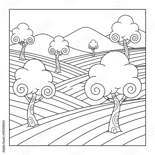 Landscape coloring page with rolling hills and spiral trees