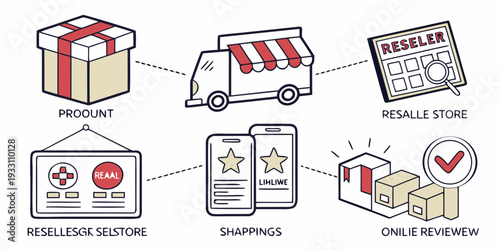 A variety of objects including a truck, a gift box, and a document. Vector