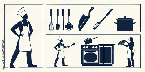 A chef preparing a meal with various kitchen utensils and appliances. Vector