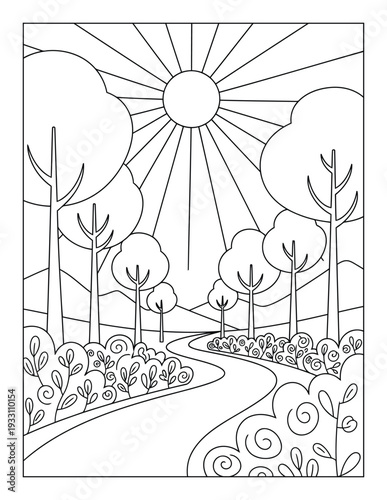 Landscape coloring page with winding path and sun rays over forest hills