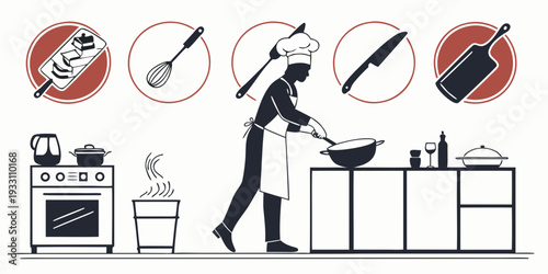 Woman in a kitchen surrounded by various cleaning and maintenance symbols Vector