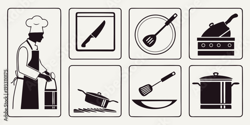 Chef and culinary tools icons representing various cooking methods and utensils Vector