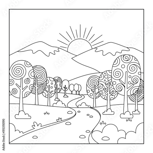 Landscape coloring page with patterned trees and mountain sunrise scene