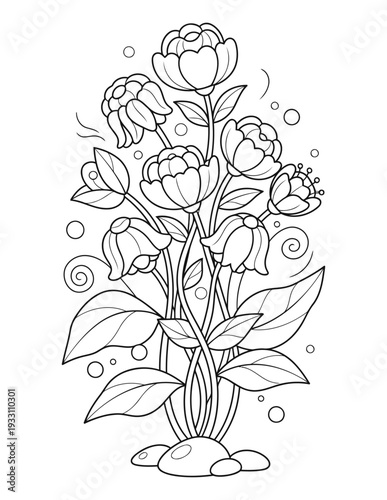 Floral coloring page with blooming peony flowers and elegant leaf stems