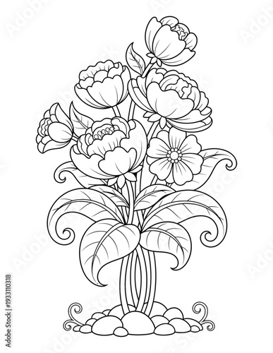  Floral coloring page with blooming peony bouquet and decorative leaves