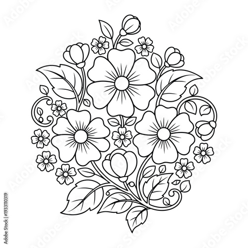 Floral coloring page with decorative wildflower bouquet and leafy vines