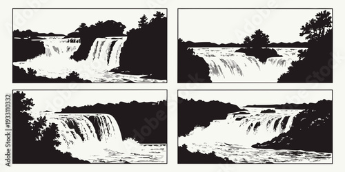 A serene landscape showcasing the beauty of nature with mountains, waterfalls, and a peaceful river. Vector