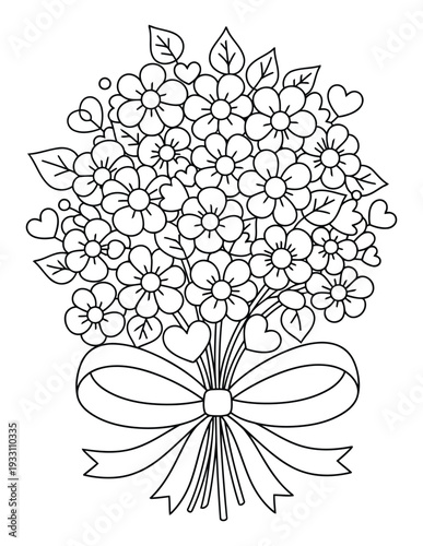 Flower bouquet coloring page with cute blossoms and ribbon bow