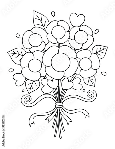 Cute flower bouquet coloring page with heart leaves and ribbon