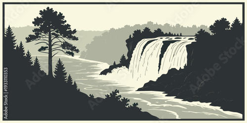 A serene landscape featuring a majestic waterfall cascading into a tranquil river. Vector