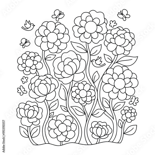 Flower garden coloring page with blooming blossoms birds and butterflies