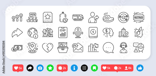 Internet, Refer friend and Broken heart line icons pack. Social media: share, comment, like icons. Loyalty ticket, Refill water, Hospital web icon. Vector