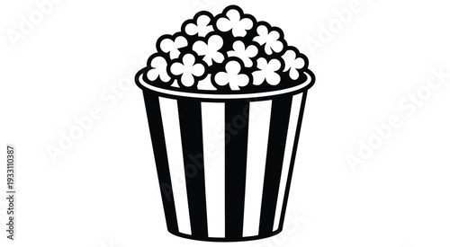 Striking monochrome silhouette of a full popcorn container, iconic cinema snack concept, detailed black and white bucket with textured popcorn top, minimalist high resolution artwork for film festival