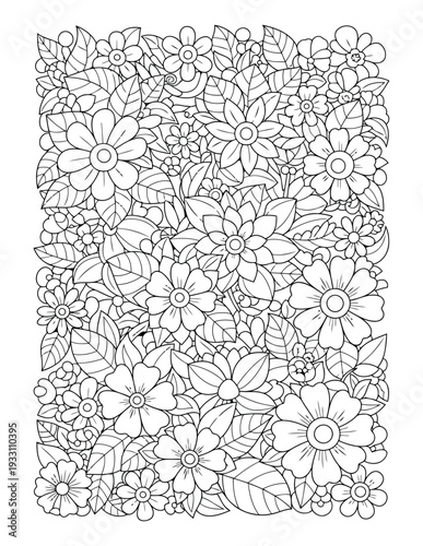 Floral pattern coloring page with dense flowers and leafy background