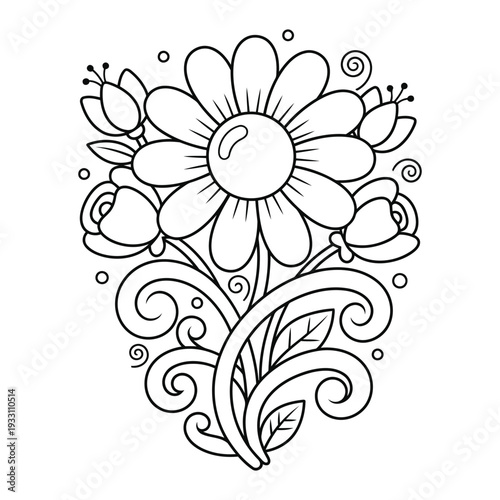  Flower coloring page with large daisy and decorative swirl leaves