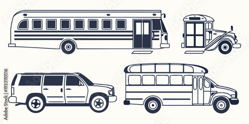 A diverse collection of vehicles including buses, trucks, and vans in a line. Vector