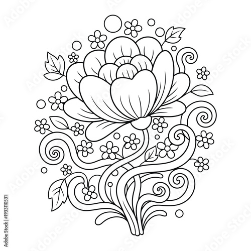  Flower coloring page with detailed blossom and swirling vine leaves