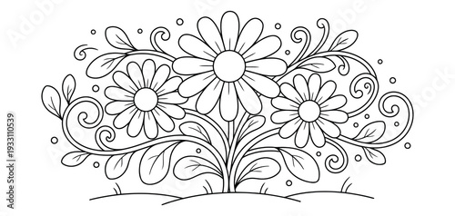 Daisy coloring page with decorative swirls and garden leaves